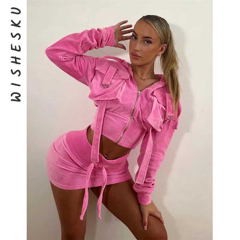 Two Piece Set Women Pink Outfits Sexy Long Sleeve Hooded Crop Sweatshirt+High Waist Mini Skirt 2023 Spring Fall Y2K Clothes