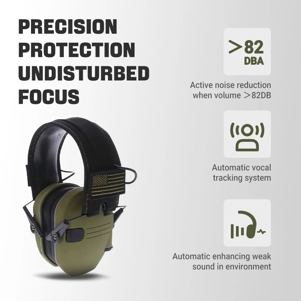 غطاء للأذنين تكتيكي للرماية NRR 23dB مع خاصية إلغاء الضوضاء النشطة وتعزيز الصوت البشري للرياضات الخارجية والسلامة