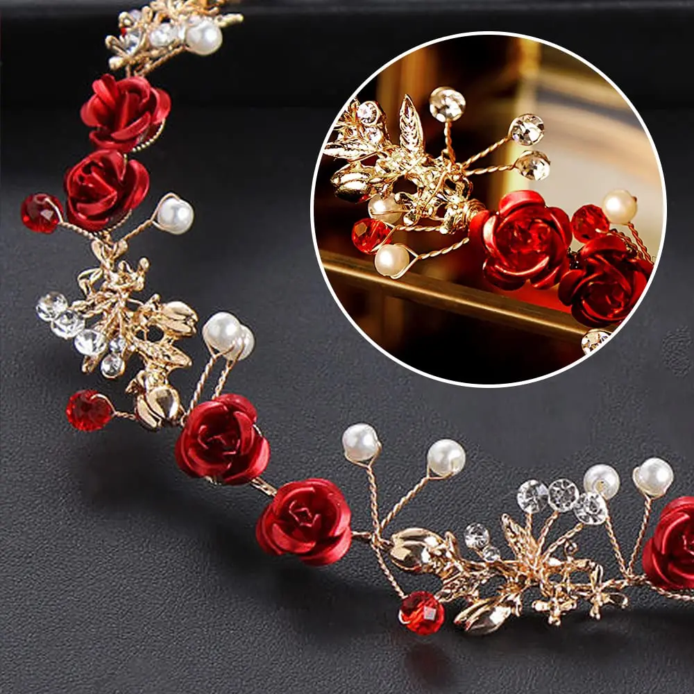 Red Handmade Rose Headband Decorated With Imitation Pearl Rhinestones For Brides, Women, Weddings, Parties, And Banquets