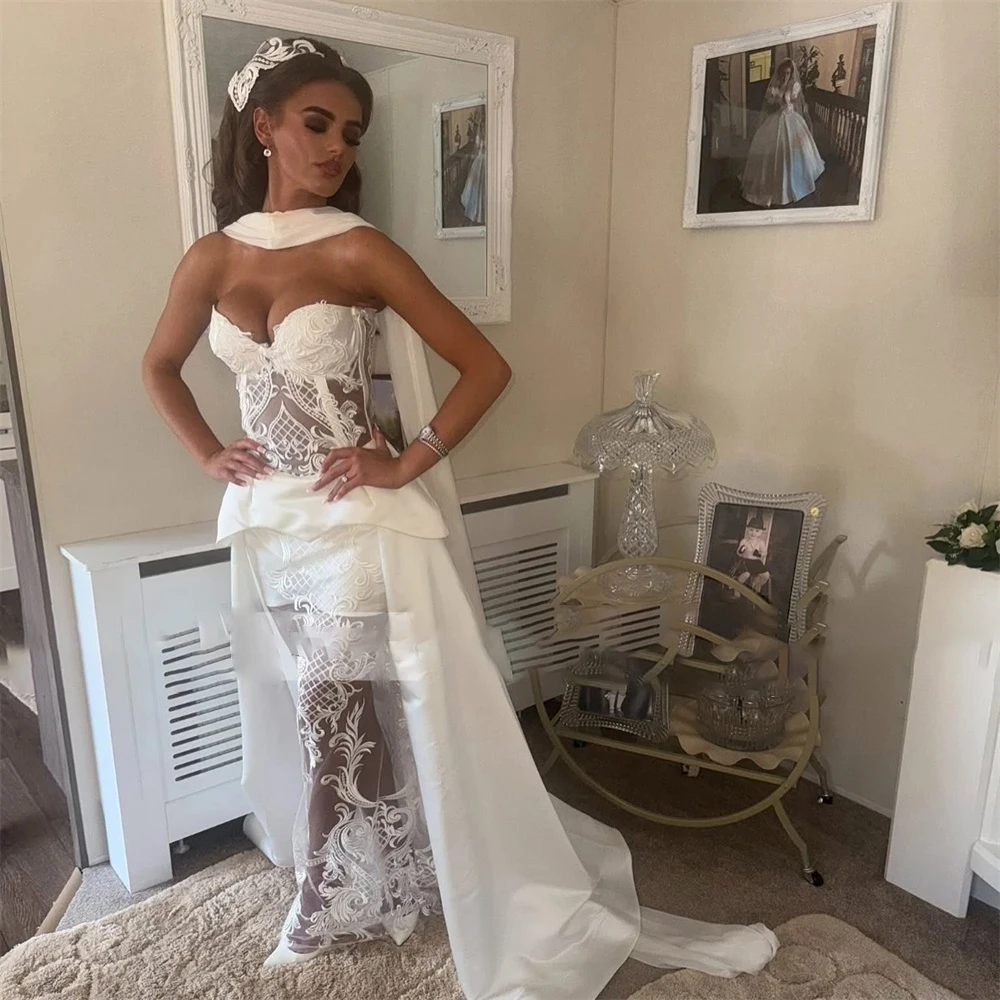 Elegant Lace Wedding Dress Strapless Bride Gown Vestido De Novia Mermaid Sheath Bride Dress Robe De Mariee Luxury Wedding Gowns