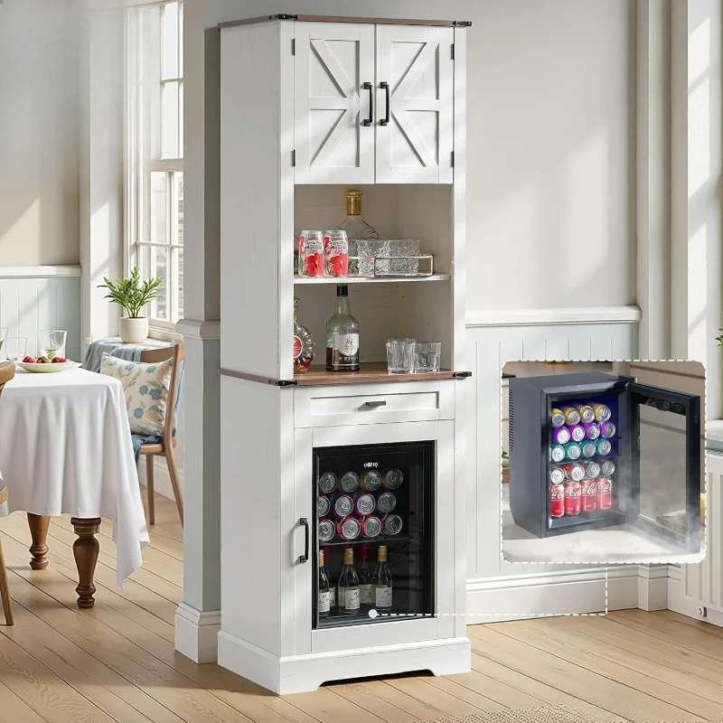 

Барный шкаф с холодильником (включно), 69-дюймовый фермерский винный шкаф с ящиками для хранения и регулируемыми полками