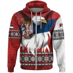 Fashion Casual Serbia Flag Pattern Everyday Mens Hoodies Long Sleeve Serbian National Emblem All Over Print Zip Hoodie Pullovers