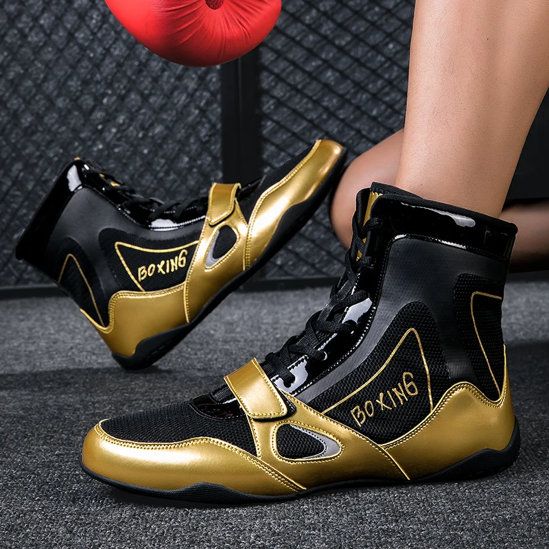 Profissional Unisex Ouro High Top Wrestling Shoes Boxe e Botas de Treinamento de Combate Sapatos Esportivos Ao Ar Livre Grandes Tamanhos 36-47