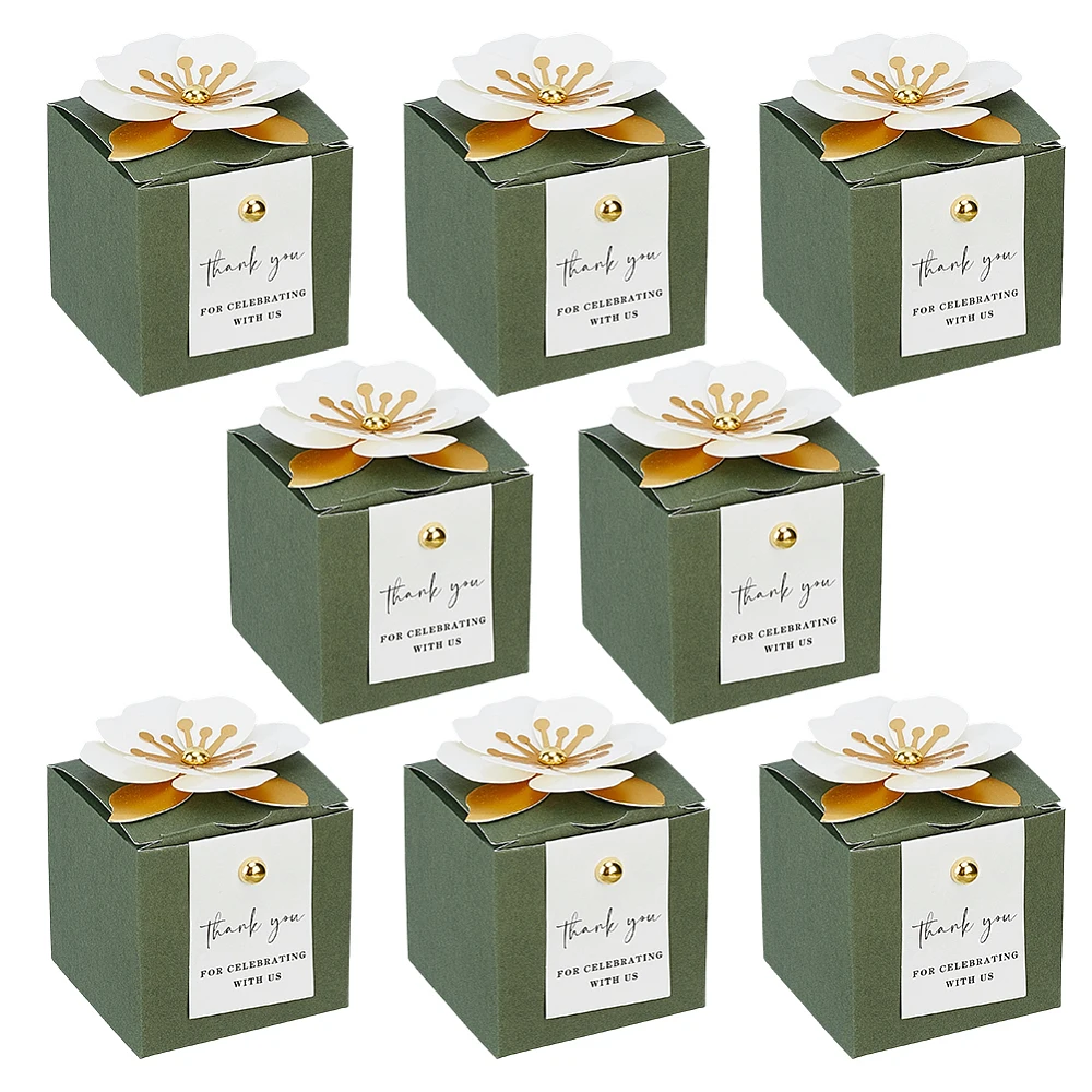 50 Sets 3 In 1 Dark Green Favor Boxes with Floral Decor Wedding Favor Boxes 2.6x2.6x2.5inch White Thank You Tags Gift Wrapping