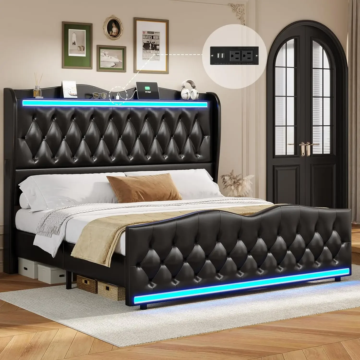 Bed Frame Tall Headboard with LED Lights & Charging Station, Upholstered Wing Headboard & Footboard, Heavy Duty Wooden Slats