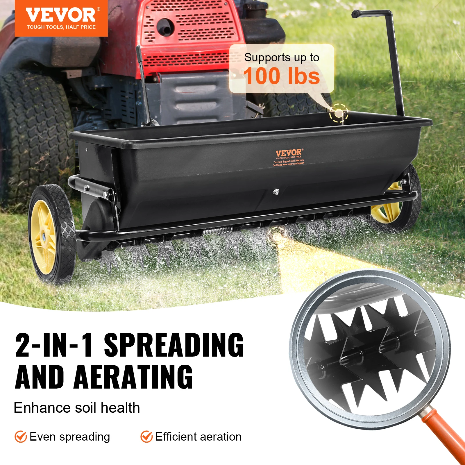 VEVOR Broadcast Spreader 100 LB 10inch Wheels Steel Spike Aerator For Residential Farm Tough Terrain Black