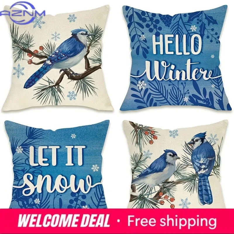 Blue Jay Christmas Pillowcases: Hello Winter, Let It Snow! Sofa Bed Cushion Cover, New Year Home Decoration