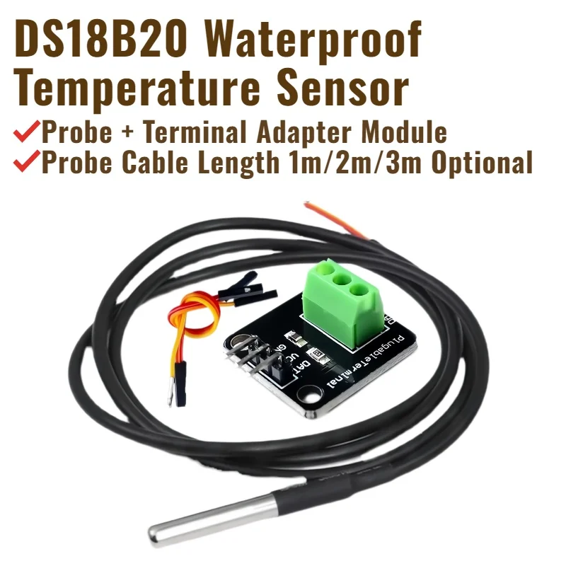 DS18B20 Temperature Sensor Module Kit Waterproof 100CM Digital Sensor Cable Stainless Steel Probe Terminal Adapter For Arduino