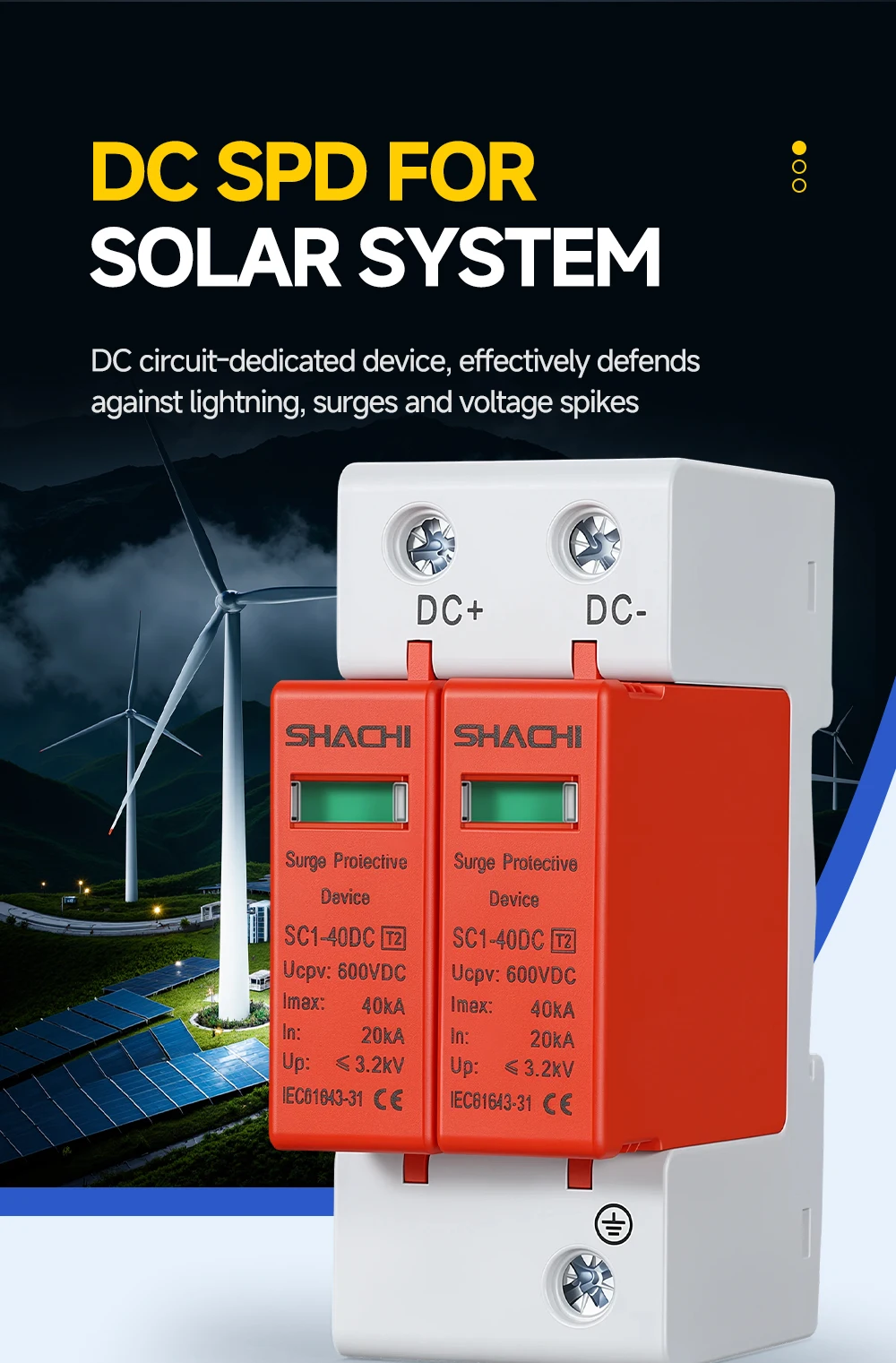 2P DC Überspannungsschutzgerät 20KA 40KA Solar-PV-Photovoltaik-Blitzableiter 500V 600V 800V 1000V Spannungsschutz – Detail 4