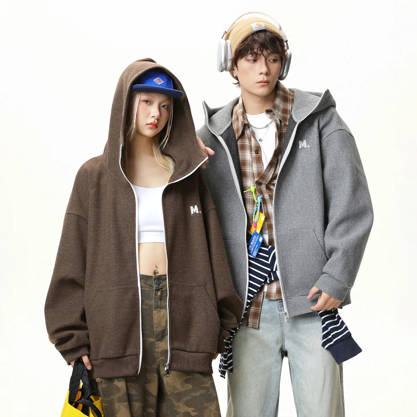 Unisex Hoodies Autumn Winter New Color Block Zip Wool Blend Hooded Sweatshirt Retro Loose Couple Cardigan Jacket Outerwear