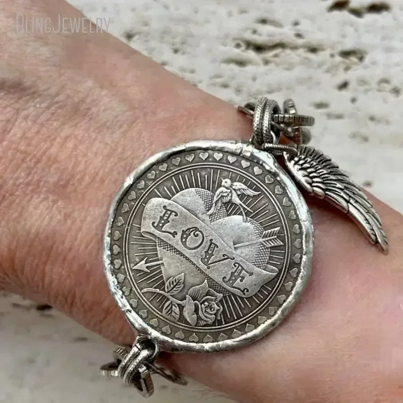10PCS Hippie Love Medal Coin Charm Bracelet Antique Silver Plated Chain Women Boho  Jewelry Inoxidable Ascesorios Tiki