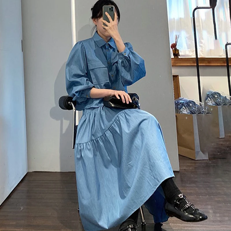 Korean Fashion Matching Sets Turn Down Collar Puff Sleeve Button Blouses High Waist Stitching Long Skirts Solid Color Women Set