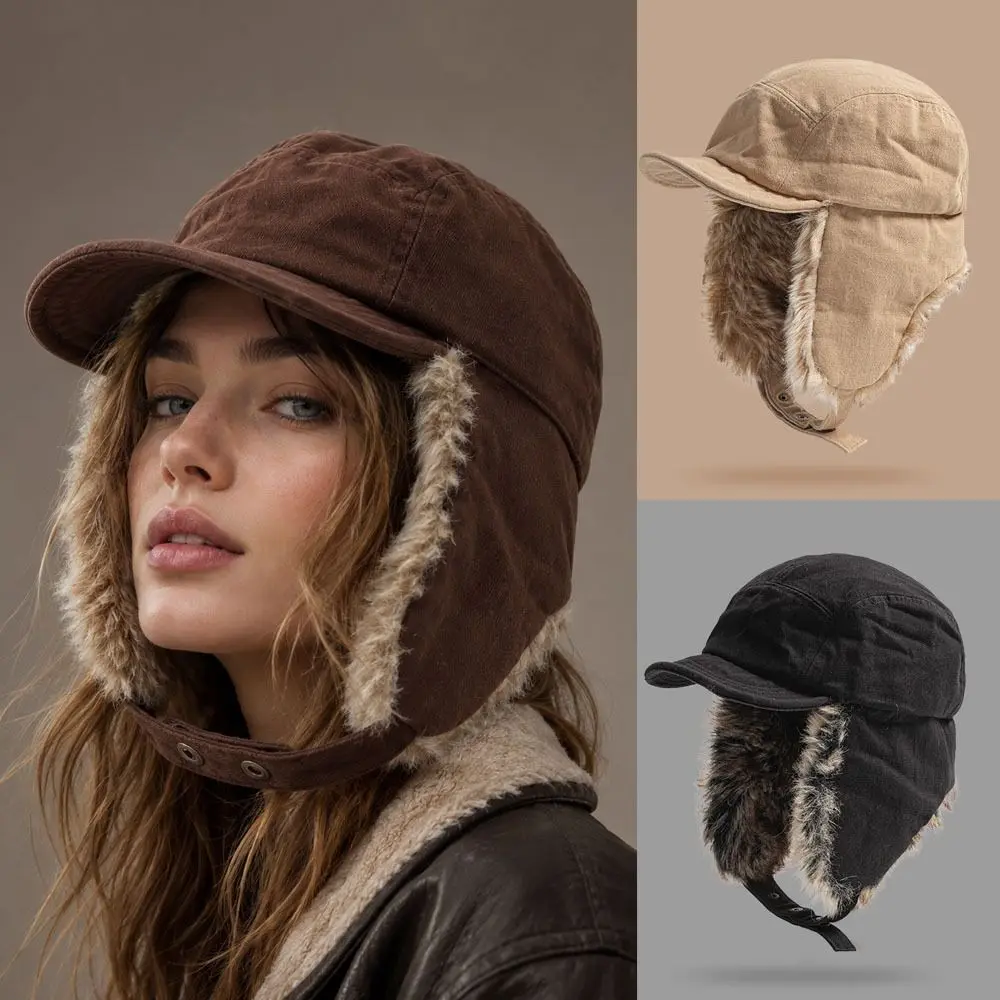 Retro Style Windproof Winter Bomber Hats Thickened Earflap Lei Feng Hat Duck Tongue Brim Thicken Warmth Women's Cap Winter