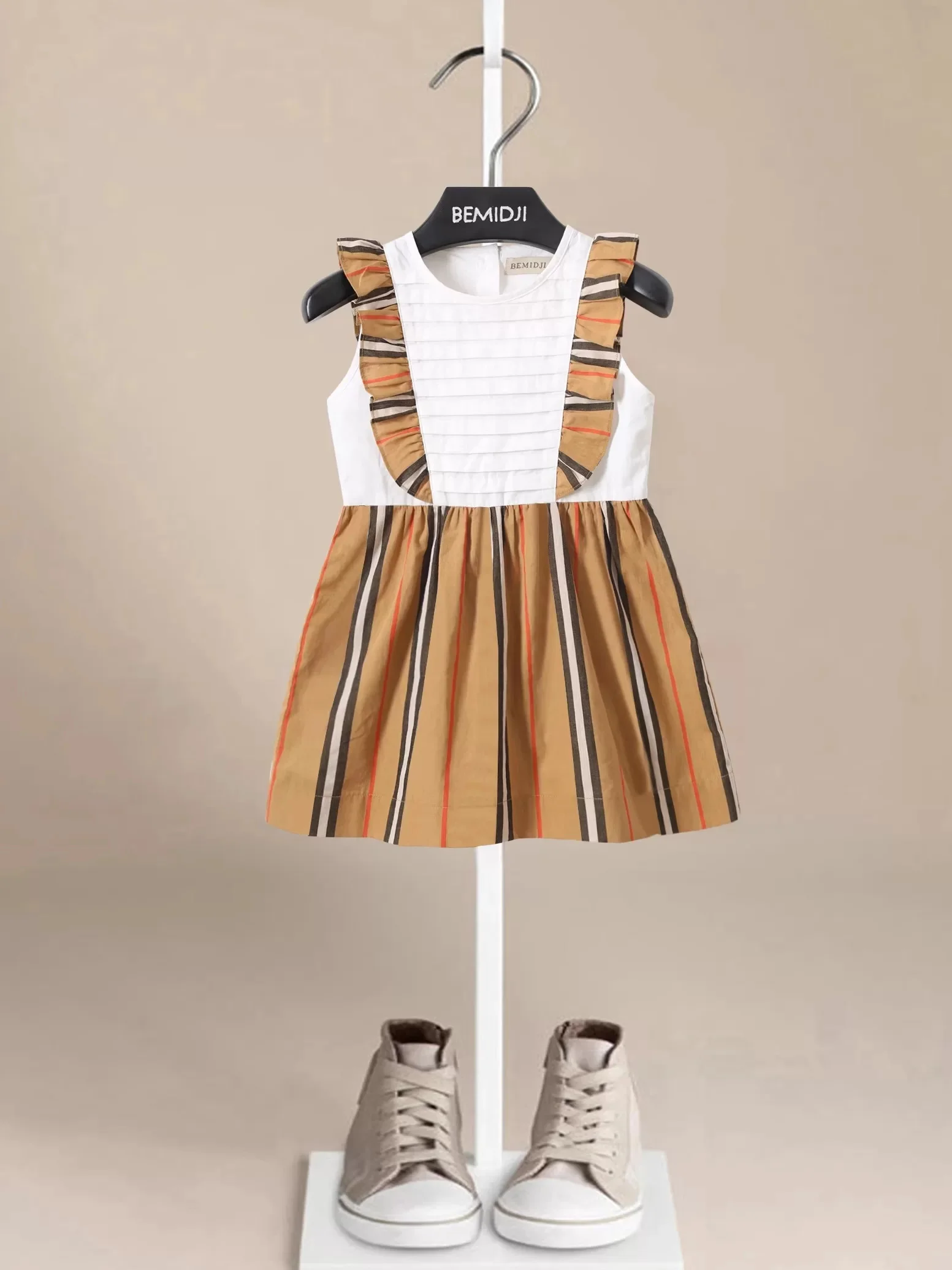Kids Clothes Girl Summer Dress Sundress Kids All-match Rainbow Stripes Pleated Chest Skirt Girl Sleeveless Birthday Dress Cotton
