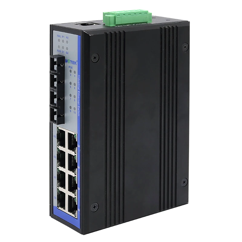 UOTEK Industrial 100M, 2-слойный, 8-портовый, RJ45, управляемый сетевой Ethernet-коммутатор POE, 2-гигабитное оптическое волокно, SC, DIN-рейка стандарта