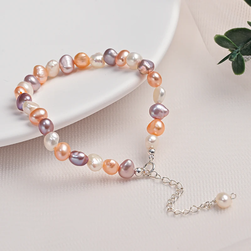 

5-6mm Natural Freshwater Pearls Baroque Shape Mixed Color Bracelet S925 Sterling Silver Simple Style Fashion Jewelry for Women