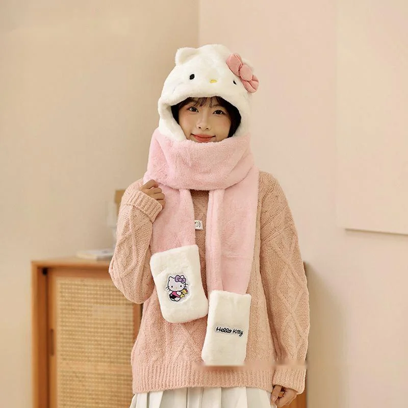 Sanrio hello kitty chapéu cachecol luvas de uma peça chapéu feminino inverno bonito dos desenhos animados quente conjunto de 3 peças y2k doce menina acessórios de pelúcia