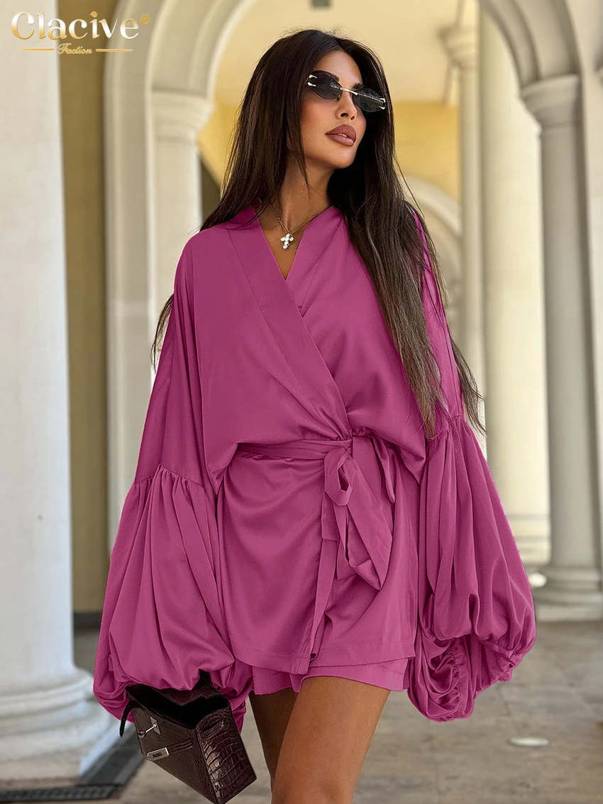 Clacive Fashion Loose Pink Satin Women\'s Two Pieces Set 2025 Elegant Puff Sleeve Robes With Sleeveless Mini Dress Set Female