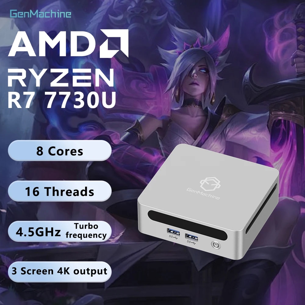 

Genmachine Ryzen 7 7730U 4.5GHz ,TDP:15W Diy Gaming Computer Radeon GPU, 4K HDMI, WiFi6, Compact Mini PC - 8C 16T Mini Pc Gaming