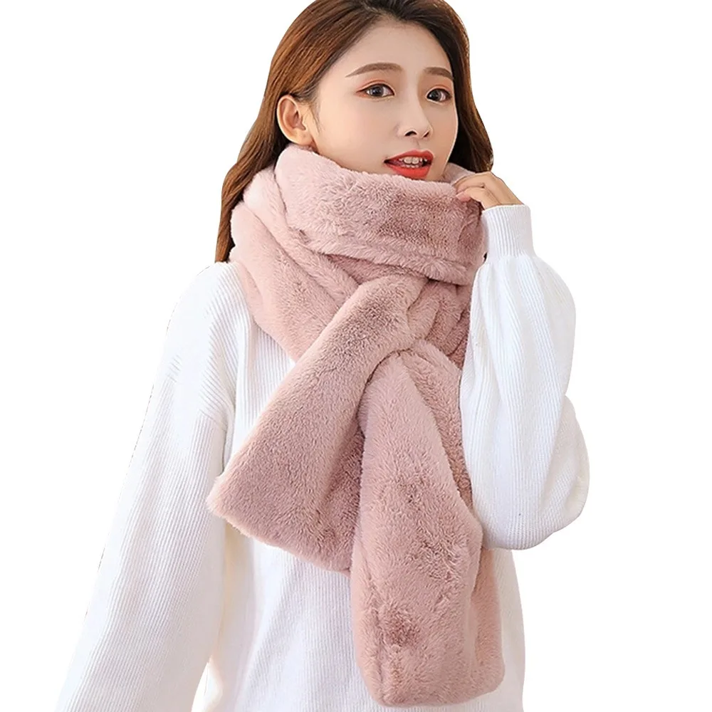 

Fashion Thicken Warm Faux Fur Winter Scarf Solid Color Soft Plush Shawl Scarves Cold-proof Windproof Neck Protector for Women