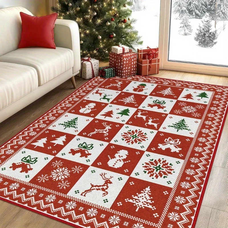 Christmas Poinsettia Carpet Living Room Bedroom Rug Holly Berry Floor Mat Holiday Winter Decor Golden Border Home Doormat