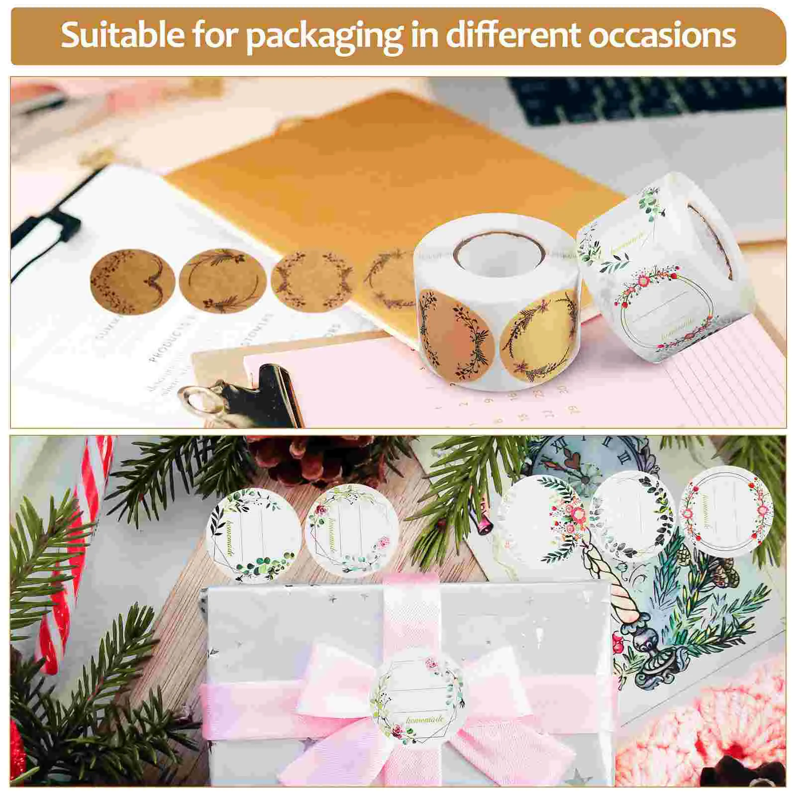 2 Rolls Self Made Botanical Wreath Gift Tag Sticker Garland Self-adhesive Labels Kraft Paper Stickers