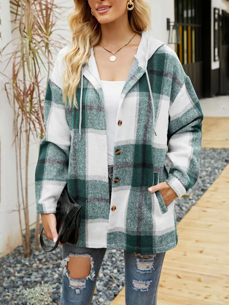 Autumn Winter Hooded Plaid Jacket Women Warm Long Jacket Coat Women Button Up Overshirt Loose Checkered Shirt Jackets for Women