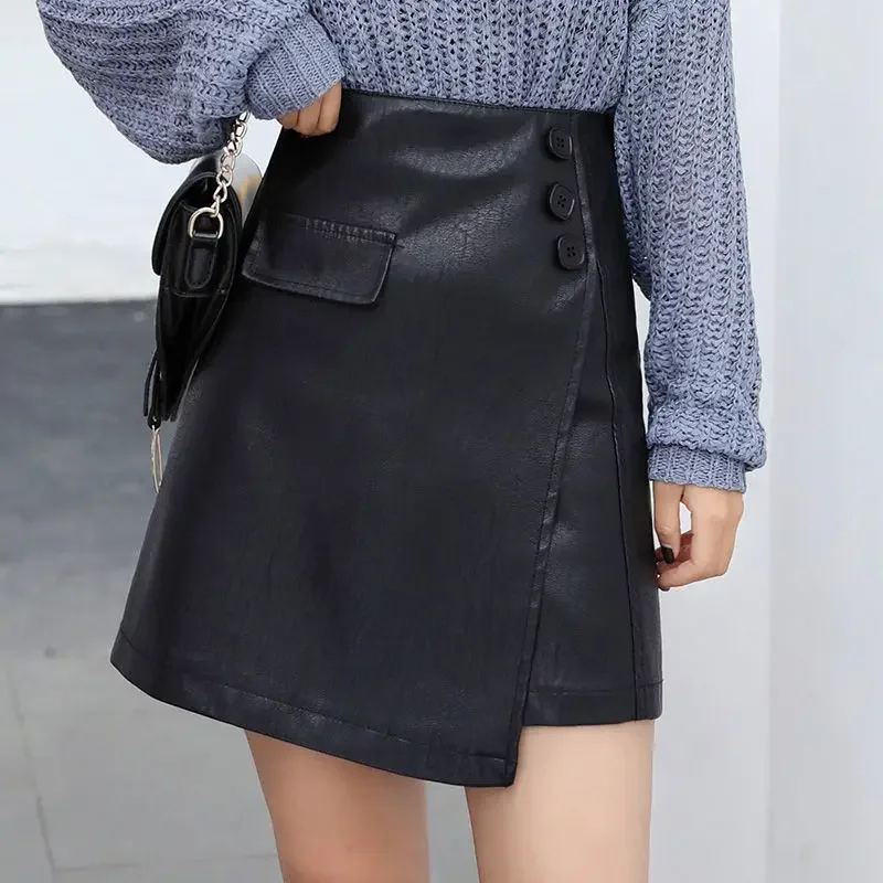 Autumn and Winter New A-line Half length Skirt Cover Belly Black Slightly Fat High Waist Irregular PU Soft Leather