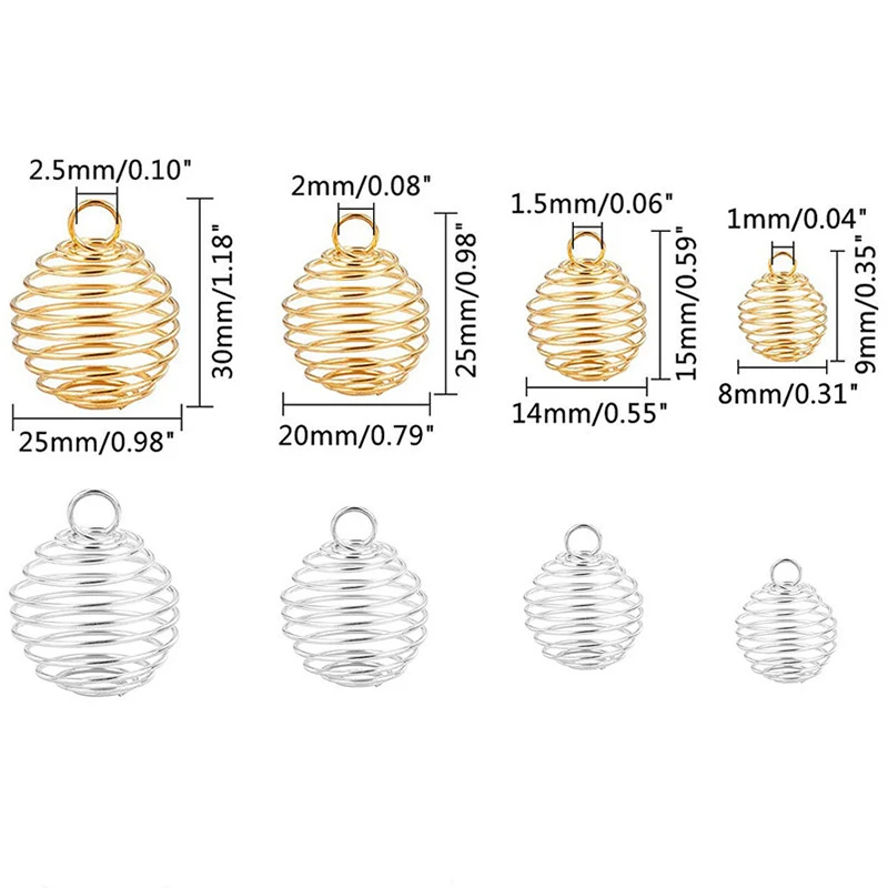 48pcs Spiral Bead Cage Pendants Set 4 Sizes Iron Stone Holder Cage Necklace Pendants Findings for Jewelry Making DIY Crafting