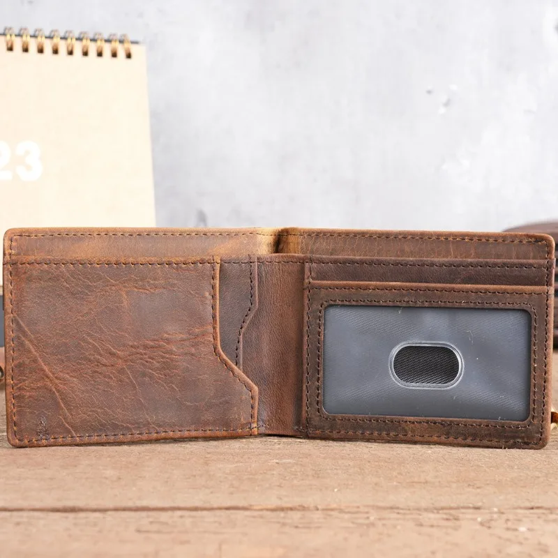 

Мужской кожаный кошелек Crazy Horse, короткий зажим для доллара, ретро-держатель для карт, кошелек для монет