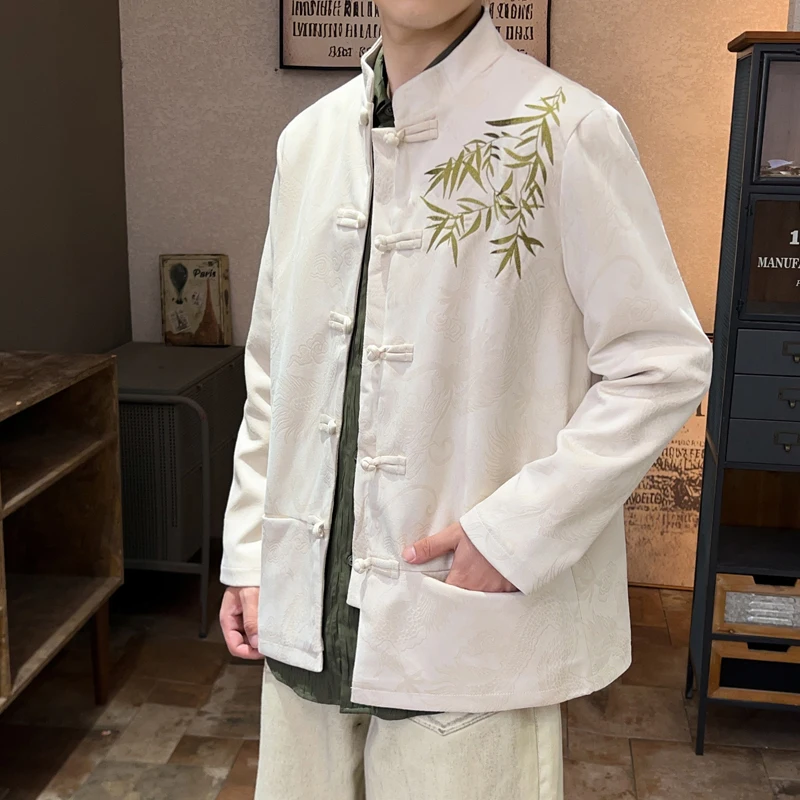 

New Chinese Sle Men's Long Sve Jaet Deer Skin Velvet Embroidered Hanfu Outerwear Retro National Trend Top for Men