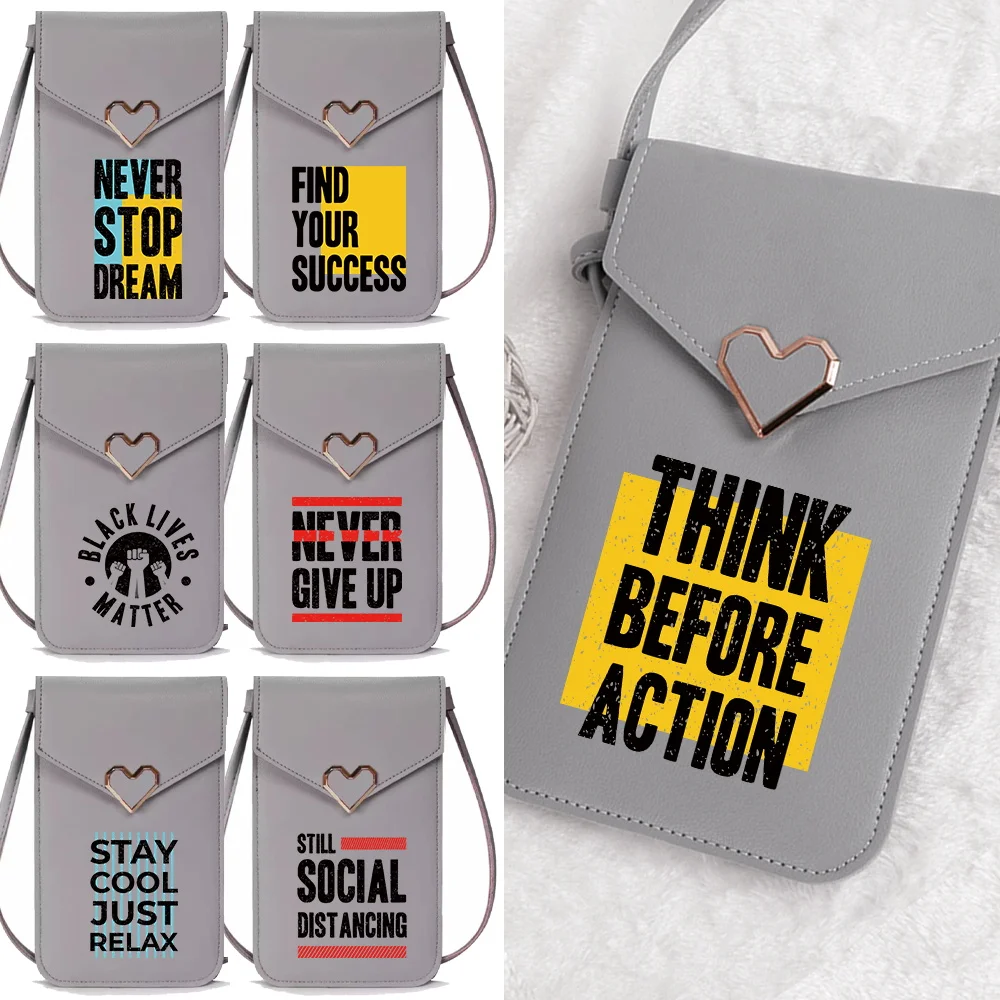 Word Pattern Multilayer Transparent Touch Screen Phone Bag Shoulder Straps Wallet Coin Small Object Shopping Phone Storage Bags