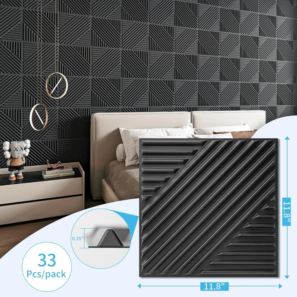 

33-Pack 3D Wall Panels for Interior Wall Decor,Textured Accent for Living Room, Bedroom, TV Wall Background, 12"x12" Black