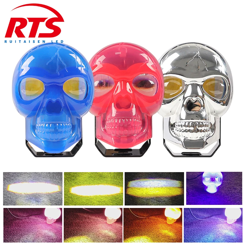 

7Colorful Skull Headlights with Yellow White Front Lights for Electric Vehicles Motorcycle 12-24V Spotlights for Motorbike Truck