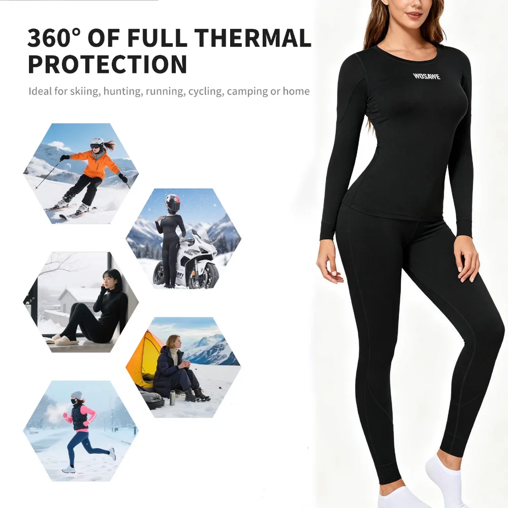 ชุดชั้นในกีฬาสำหรับผู้หญิง WOSAWE เสื้อและกางเกงรัดรูป ชุดกระชับสัดส่วนเซ็กซี่ สำหรับปั่นจักรยาน เล่นสกี เดินป่า ชุดชั้นในกันหนาว