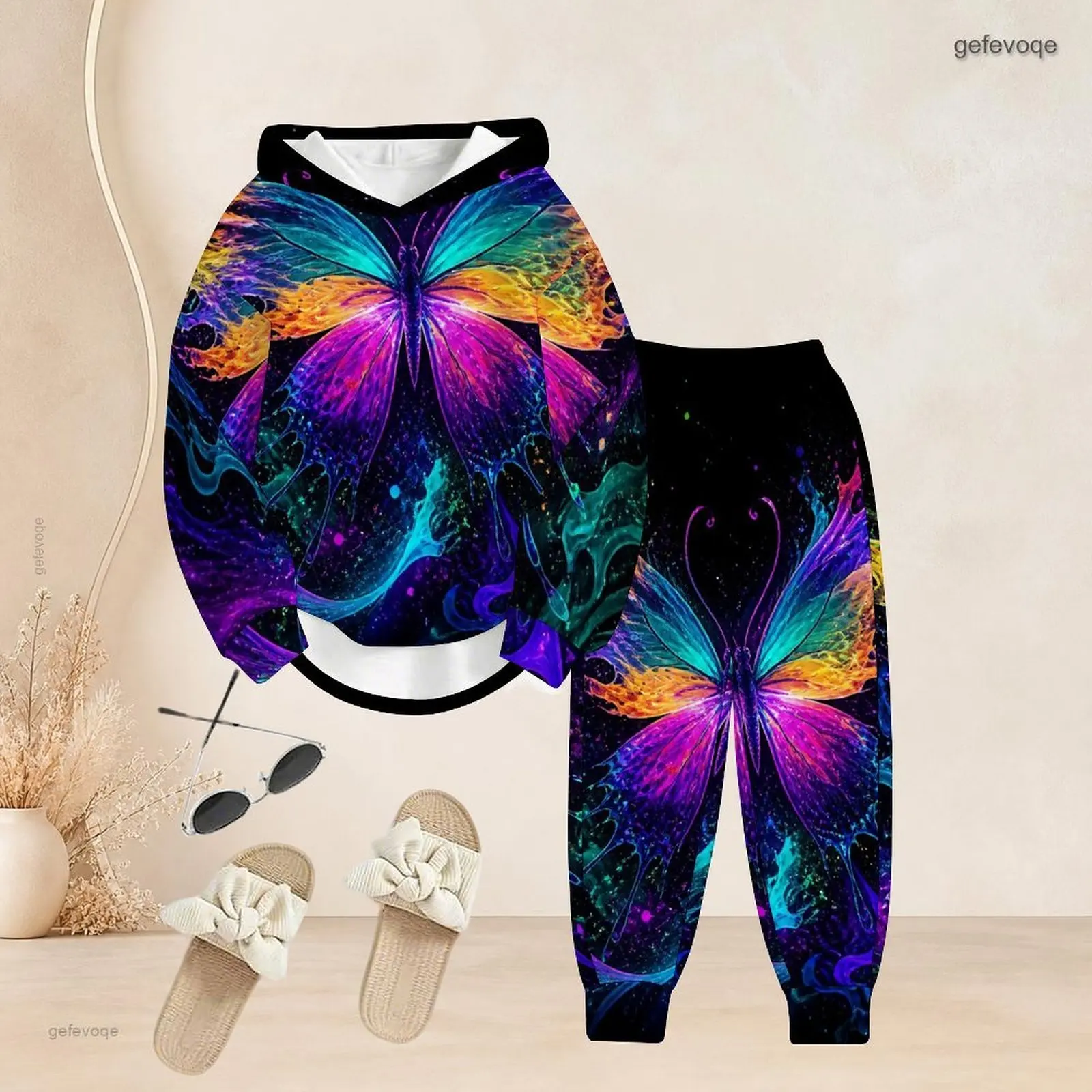Printed Pants Set for Women Long Sleeve Hooded Top Cuffed Pants Two Piece