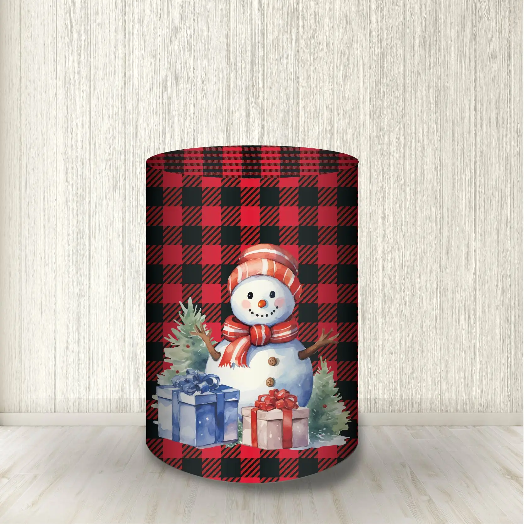 Christmas Cylinder Covers Red and Black Squares and Snowman Pedestal Cover Christmas Festival Home Dessert Cake Table Decoration