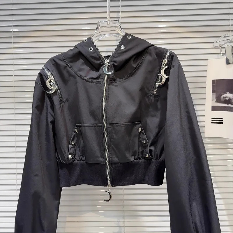 KBQ Solid Spliced Metal Short Coats For Women Hooded Long Sleeve Patchwork Zipper Chic Loose Jackets Female Fashion Style New