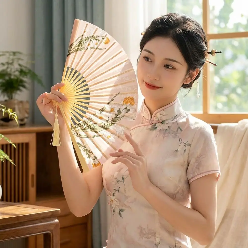Portable Ancient Style Printing Folding Fan Exquisite with Tassel Handheld Fan Flower Pattern Vintage Chinese Style Folding Fan