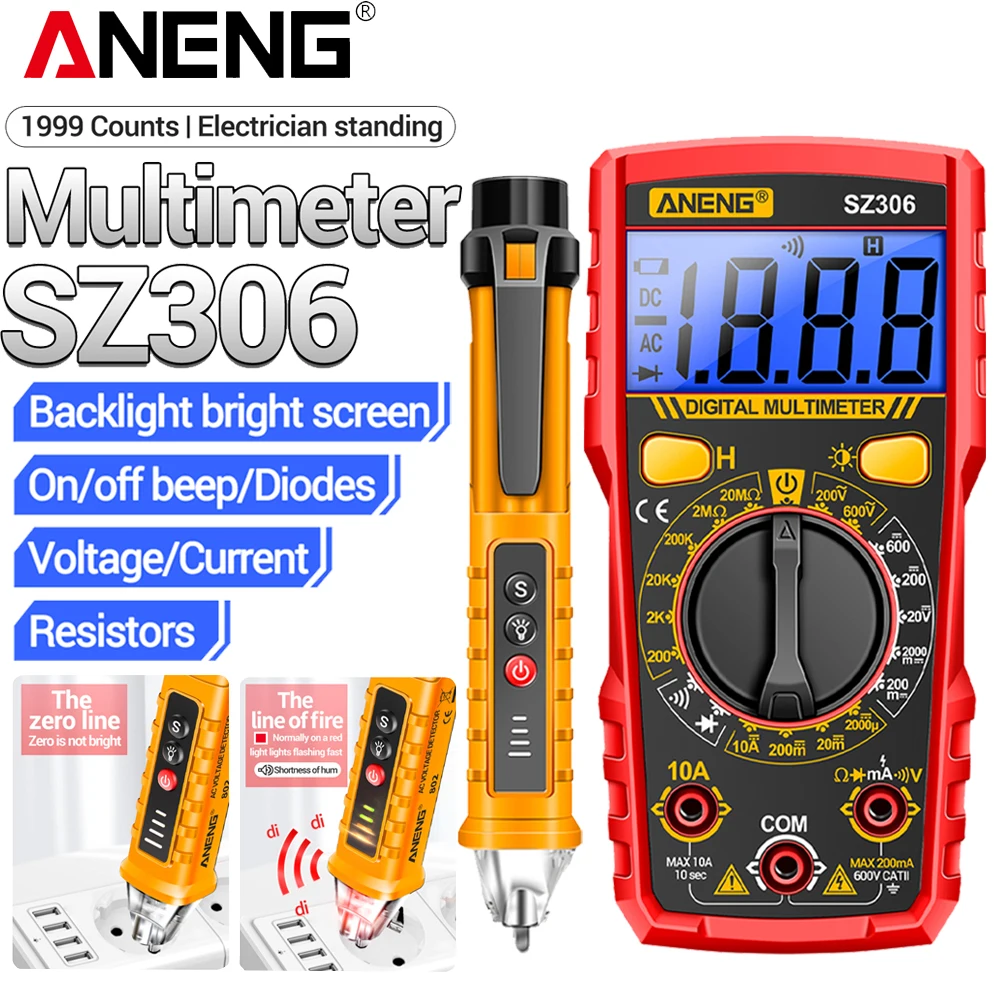

ANENG Smart Digital Multimeter Screen Backlight AC/DC Voltage Tester SZ306+VD802 Voltage Detector Professional Electrician Tools