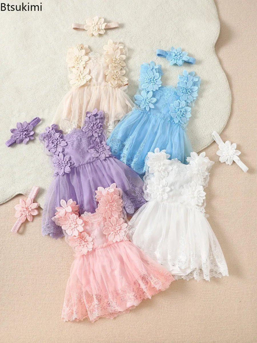 Baby Girls' Summer Jumpsuits Dress Flowers Decor Ruffle Fly Sleeve Mesh Lace Tutu Bodysuits Dress and Headband Cute Girls Outfit
