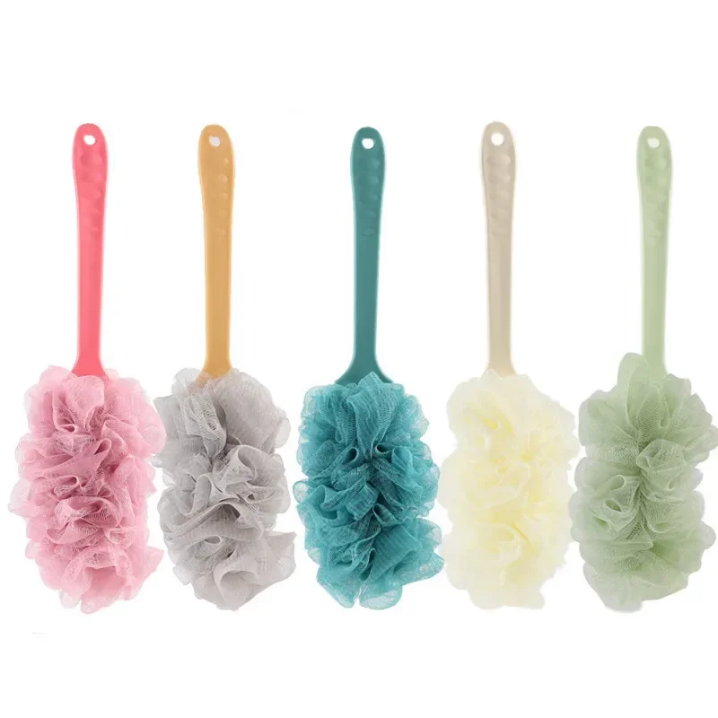 Plastic Bath Flower Scrubber Bath Ball Long Handle Bathing Brush Soft Bubble Gauze Mesh Rubbing Back Shower