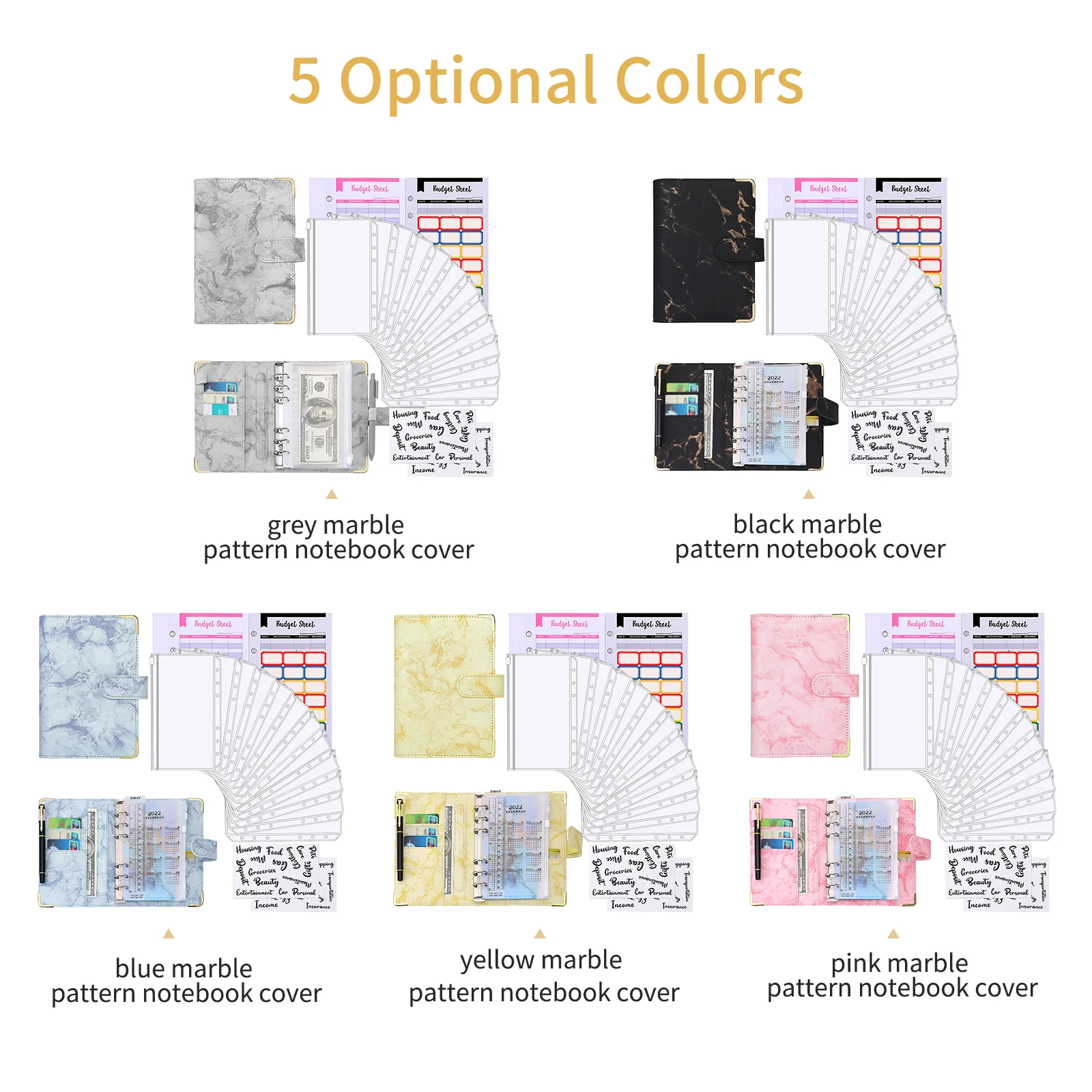 A6 Budget Binder with Marble Texture Pattern PU Leather Notebook Cover Zipper Envelopes Lable Stickers Ruler as Money Organizer