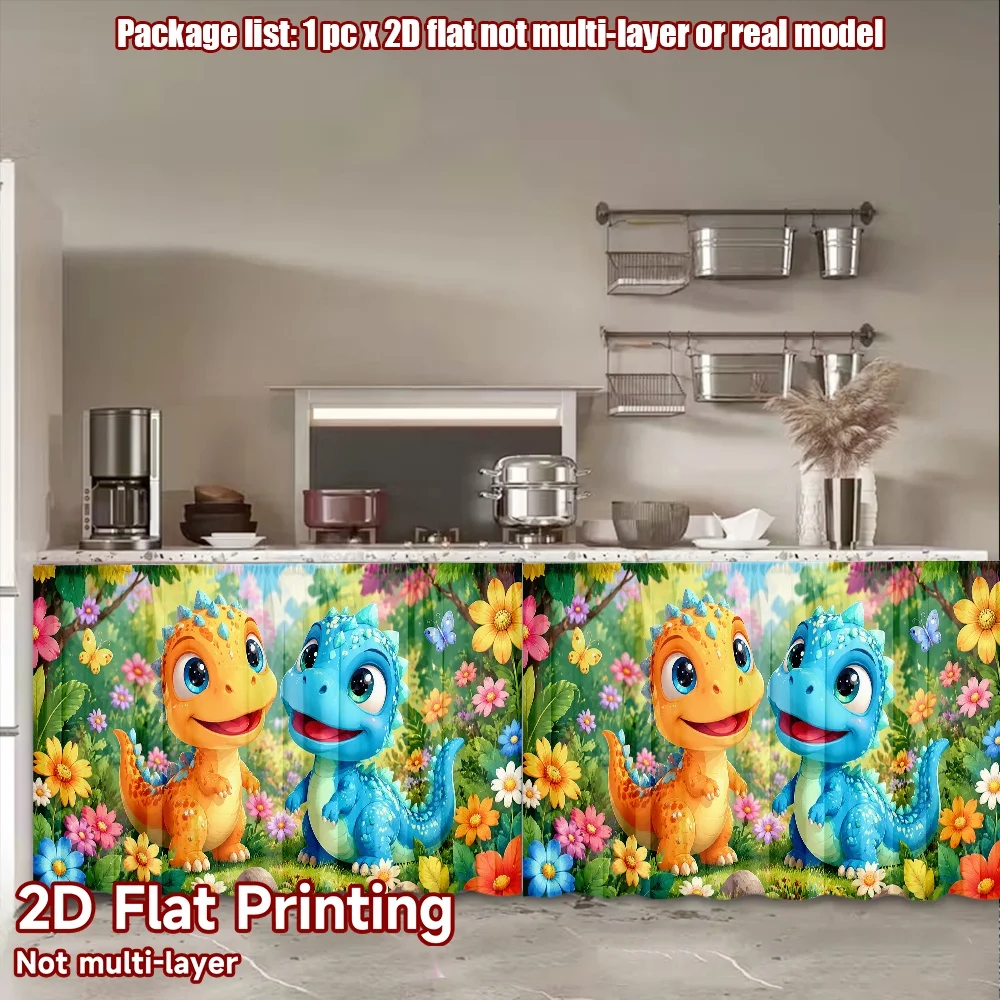 2D flat 1pc Modern minimalist shelf curtains DinoBuddies Digital printing The rod-mount design makes installation convenient and