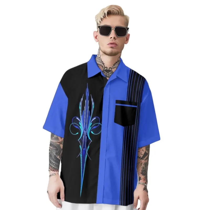 

Black Stripes Print Shirt Men's Indigo Hawaiian Chest Pocket Shirt Casual Short Sleeve Daily Smart Business Shirt For Men