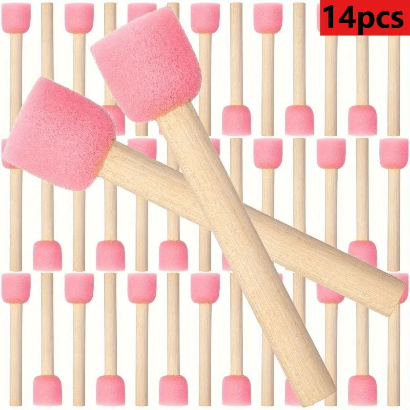 Durable 14-Piece Wooden Foam Brush Set - Uncharged Round Sponge Brushes for Crafts and Painting DIY Art Projects