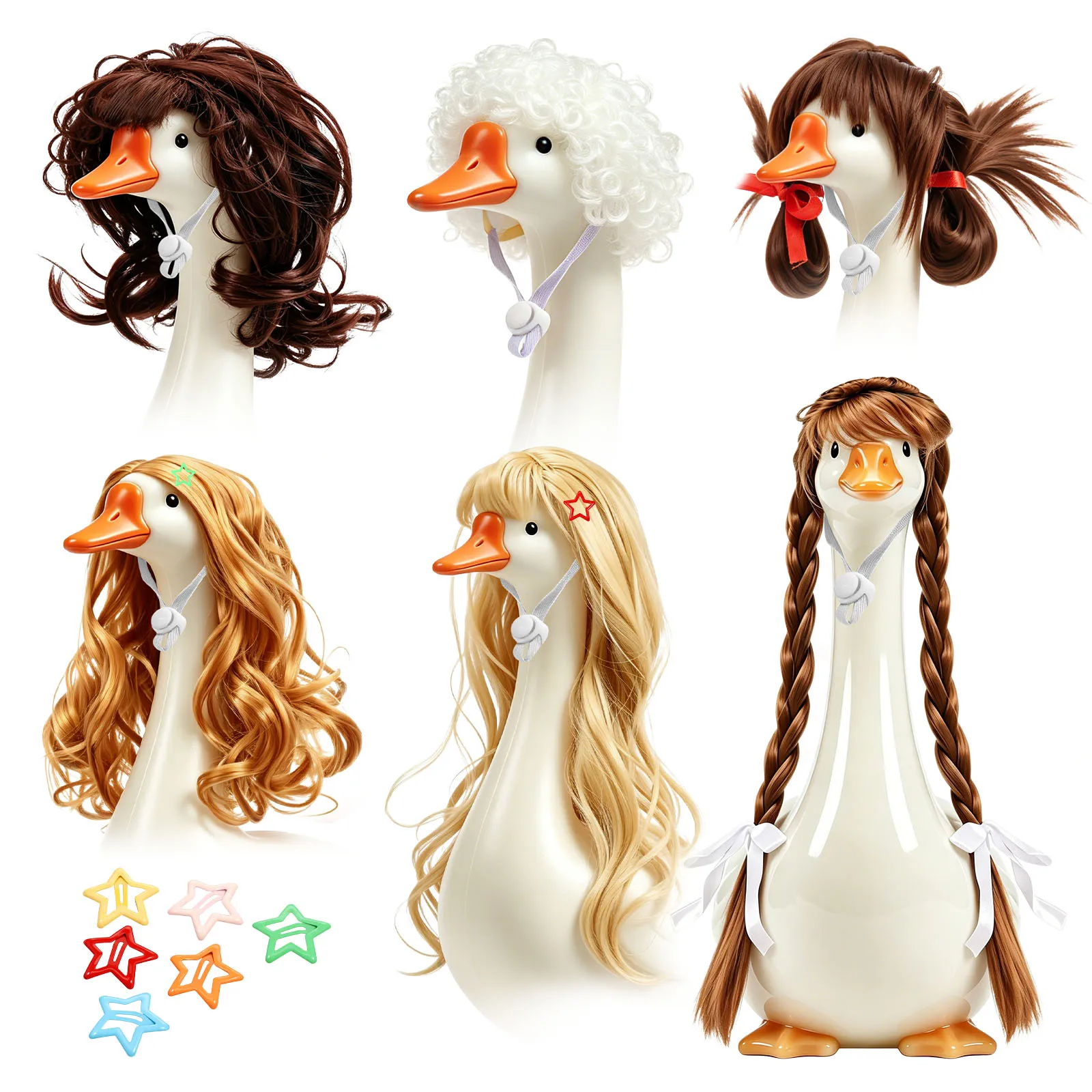 6Pcs Porch Goose Wig with Hair Clip Cute Lawn Goose Statue Braid Wig With Adjustable Elastic Band For Outdoor Statue Decorative