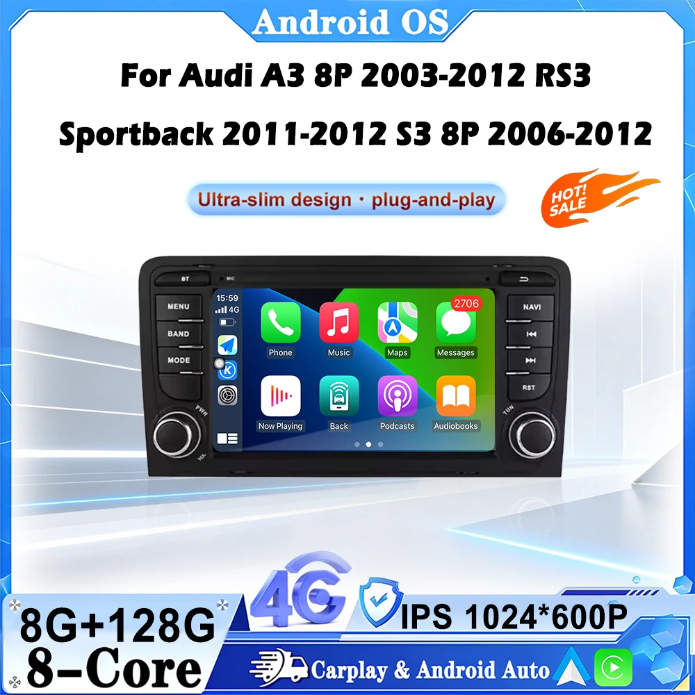 Android 16 Car Radio Multimedia GPS Wireless Carplay GPS RDS for Audi A3 8P 2003-2012 RS3 Sportback 2011-2012 S3 8P 2006-2012