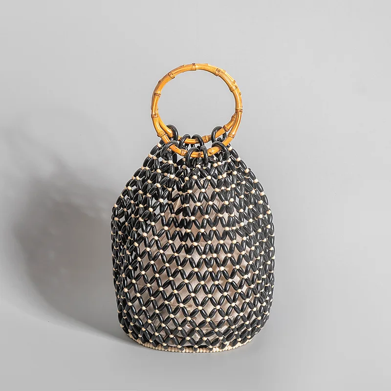 New Fashion Hand Woven Women Handbag Wooden Bead Women Bag Vintage Quality Versatile Hollow Bucket Bag