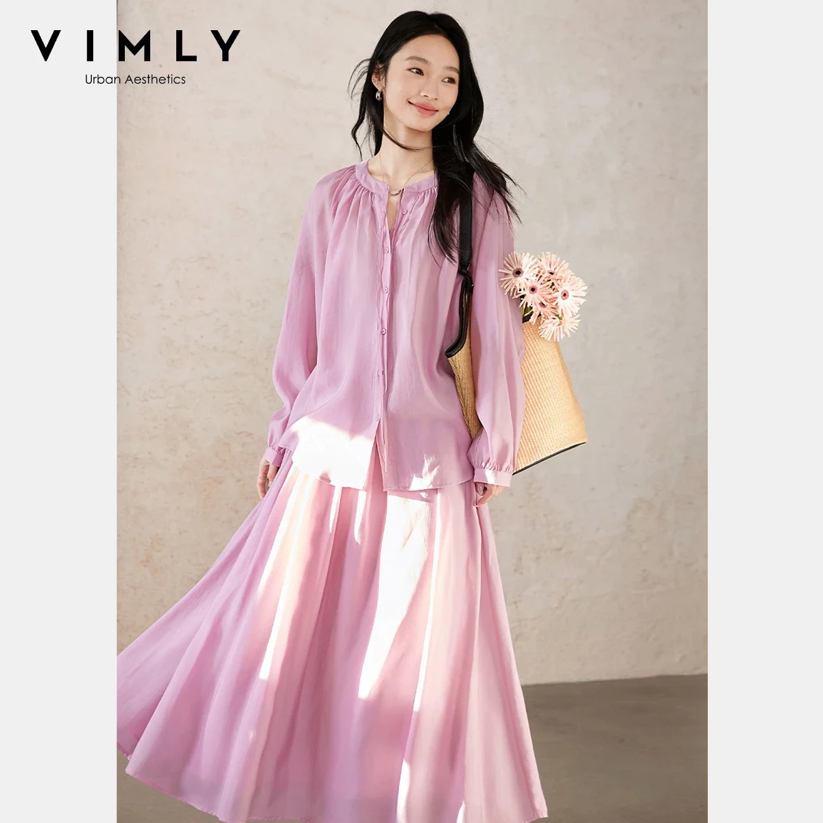 

VIMLY Casual Fashion Skirt Sets for Woman Autumn 2025 Elegant Solid Two Piece Set Lace-up O-neck Female Tops Loose Skirts A0532